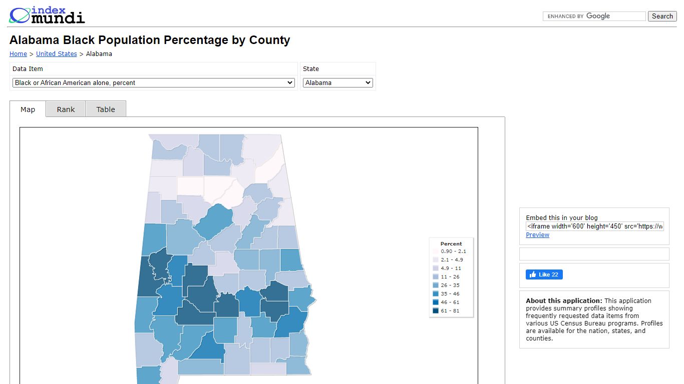 Alabama Black Population Percentage by County - IndexMundi